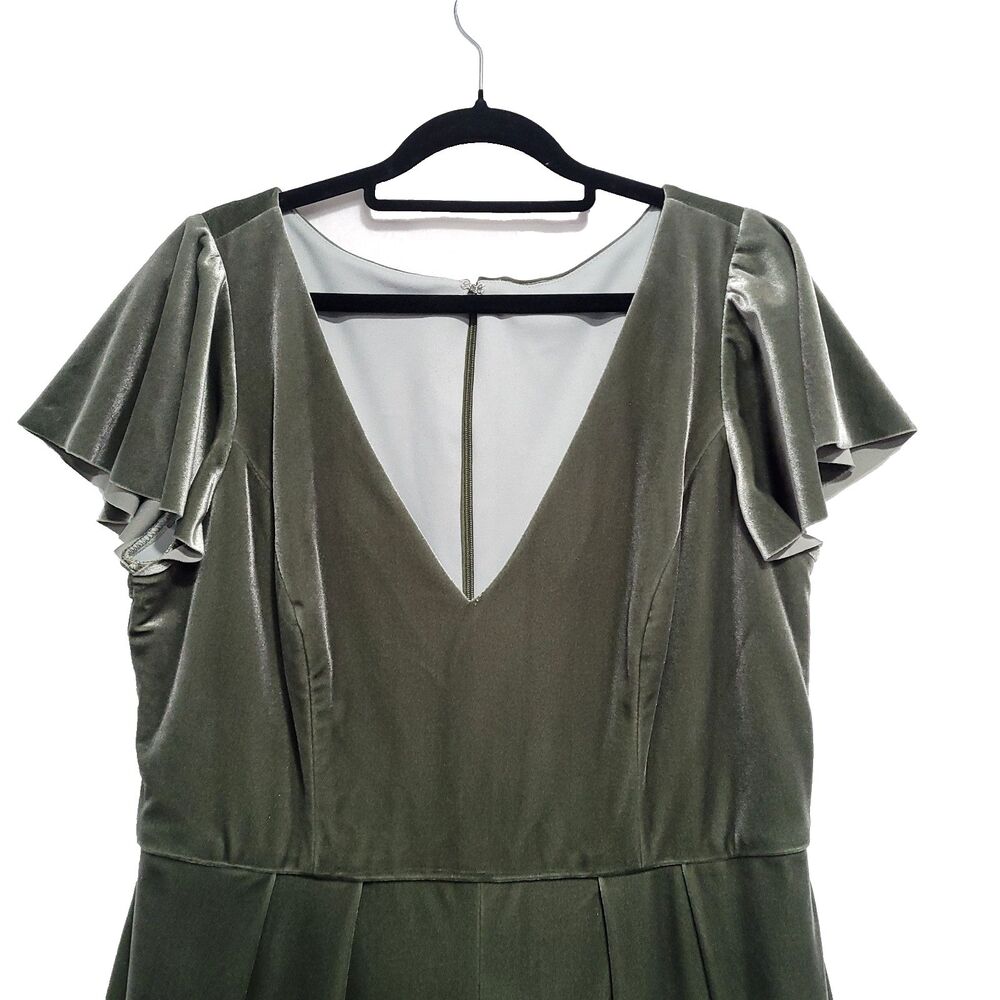 Velvet Flutter Sleeve Jumpsuit After Six 16 R Sage Green V Neck Wide Leg Event - Picture 3 of 13